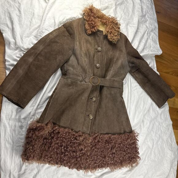 Vintage sueded afghan Sherpa penny lane belted trench faux fur coat - Picture 4 of 8